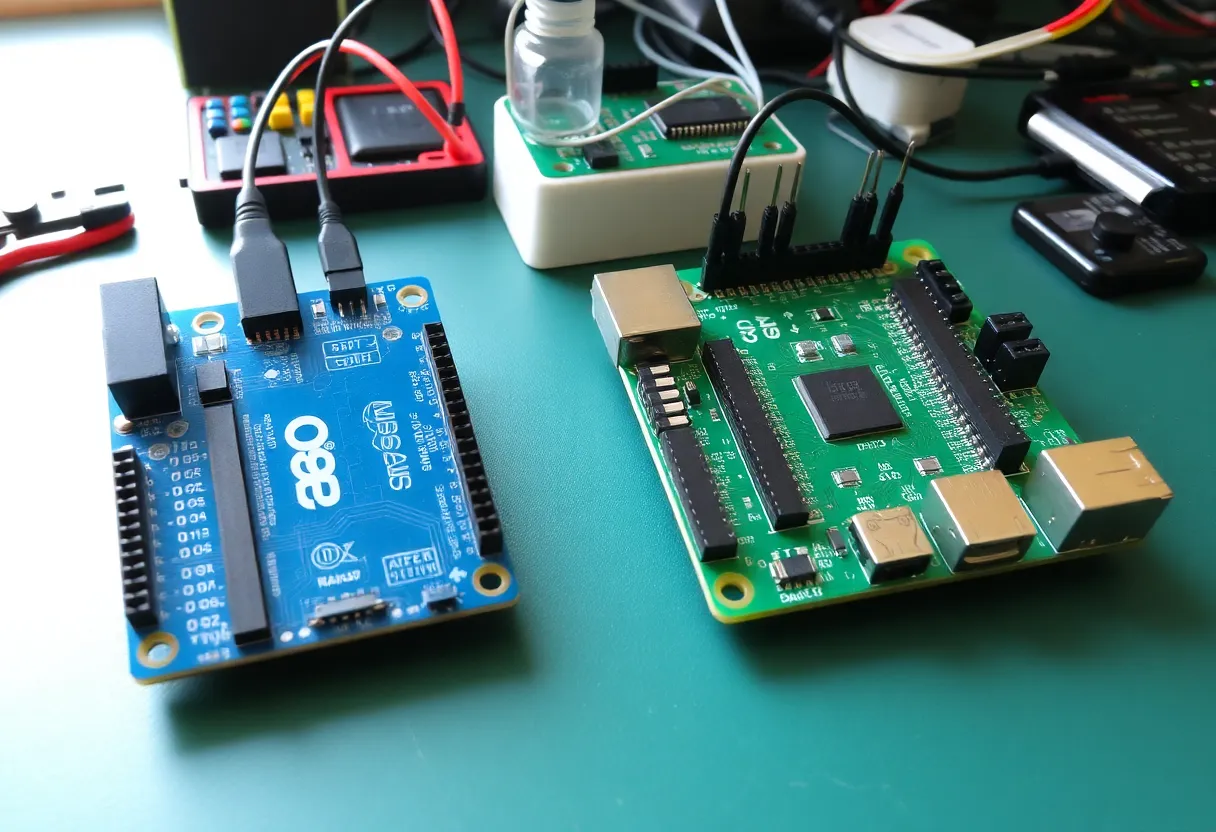 Raspberry Pi 5 running a home automation dashboard on an attached display, showing sensor readings and device controls