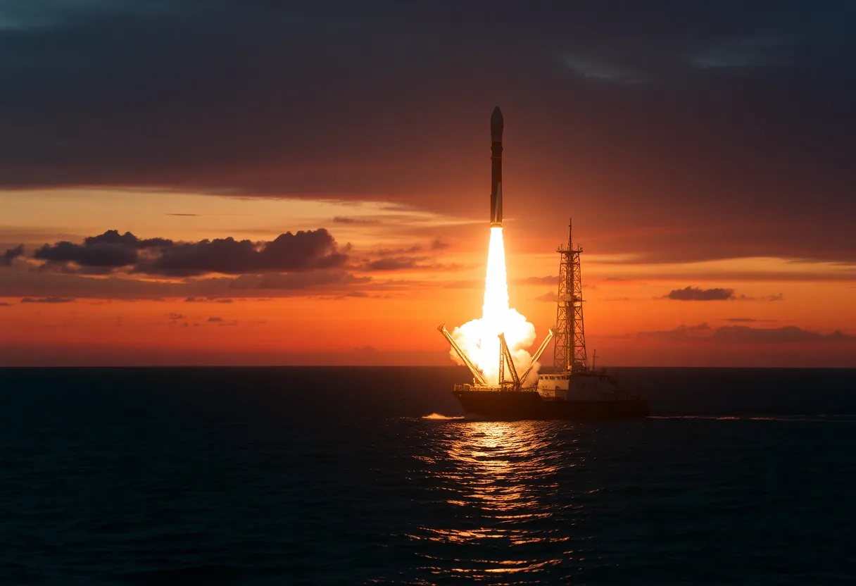 Large reusable rocket launch at dusk with dramatic exhaust plume, space exploration future concept