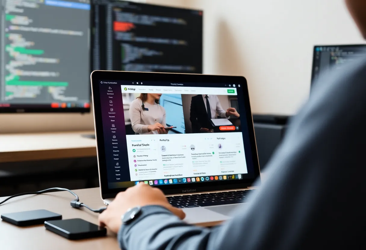 Developer writing detailed project documentation on laptop, README and code visible, technical writing for portfolio