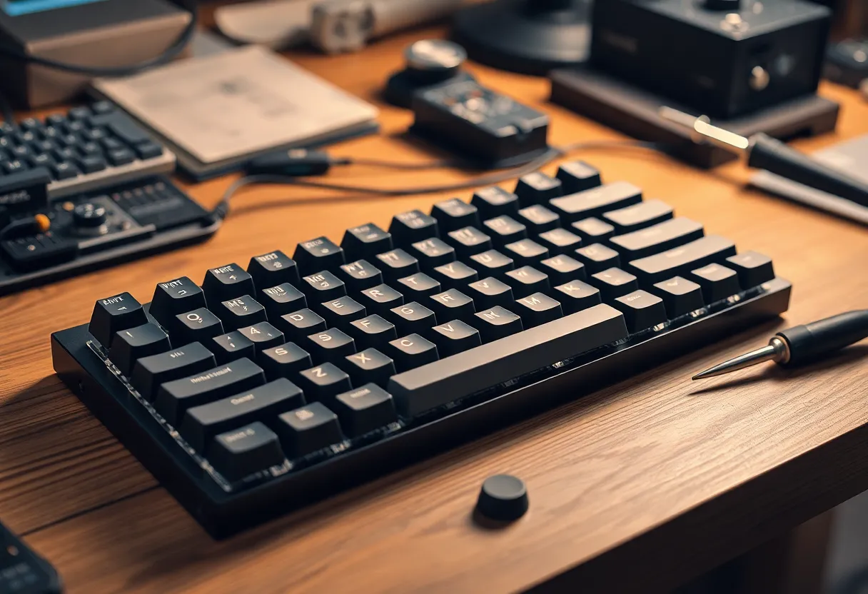 Finished custom mechanical keyboard on a desk beside coffee cup, clean desk setup, satisfying build result