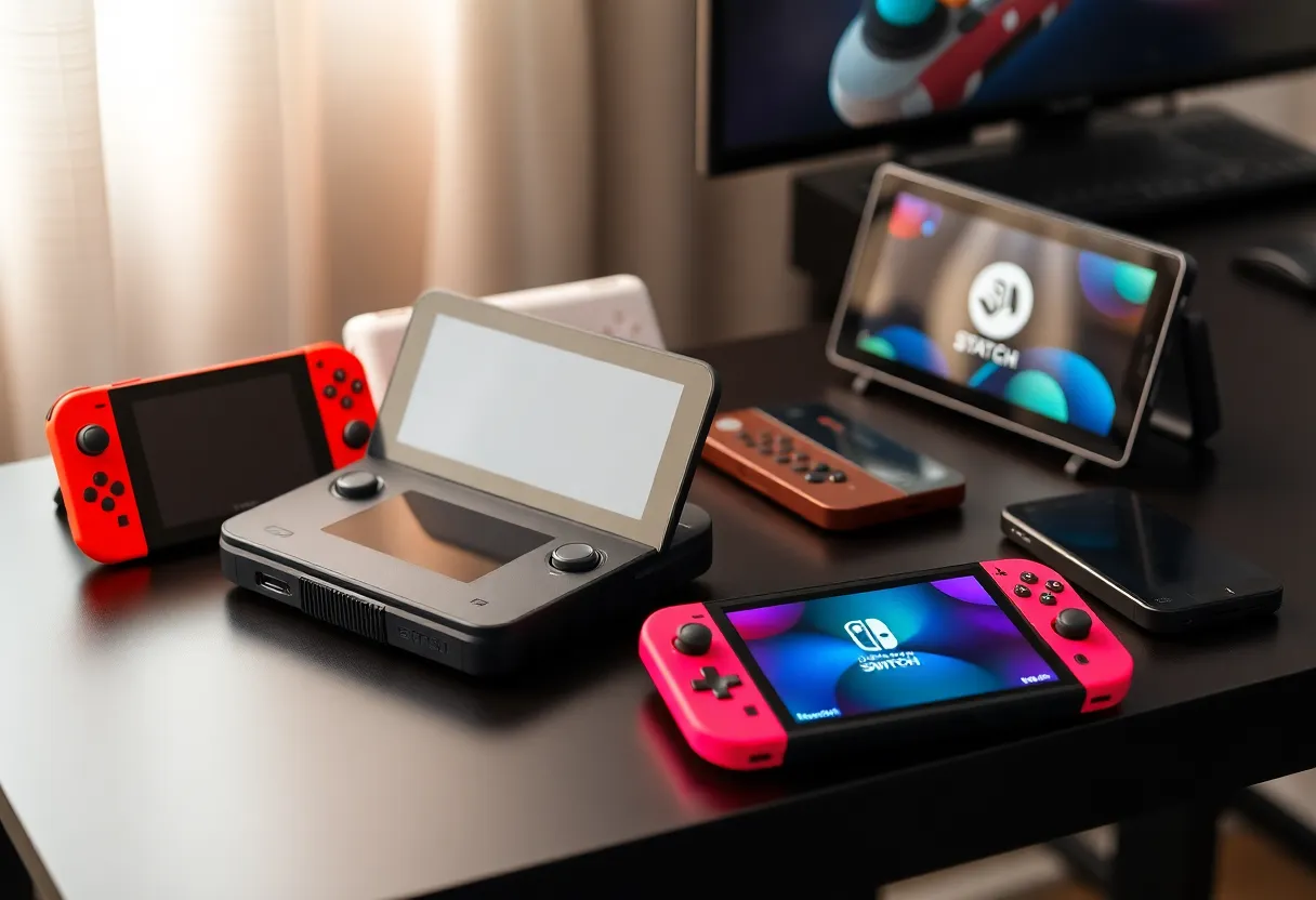 Various handheld gaming devices including PC handhelds and portable consoles displayed on a gaming desk with accessories