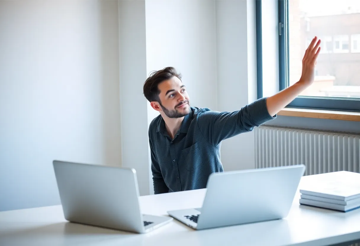 Split-screen showing person focused working and then taking a relaxing micro-break, productivity cycle concept