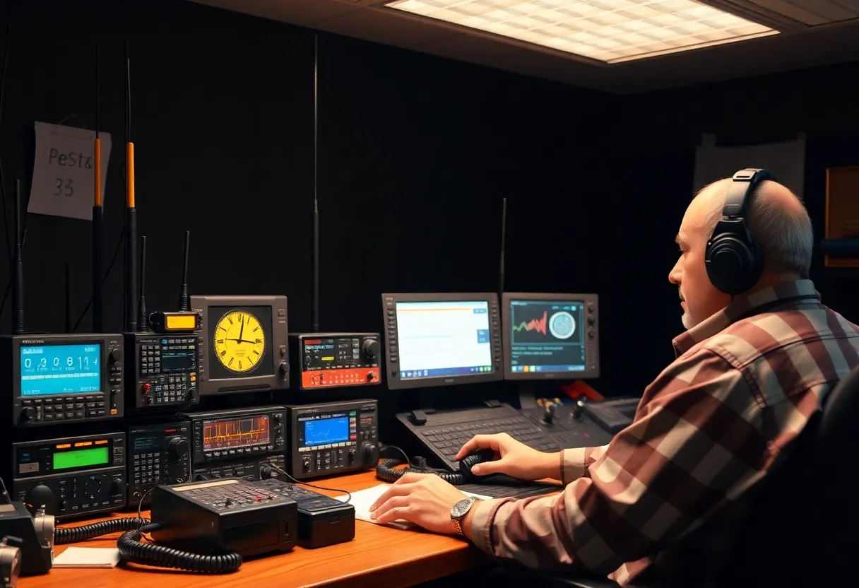 Amateur radio antenna array at emergency operations center providing backup communications during disaster response