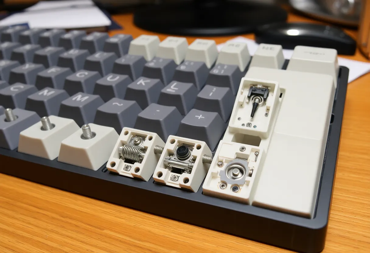 Person hand-lubricating mechanical keyboard switches at a desk with lubing tools, switch modification process, enthusiast hobby