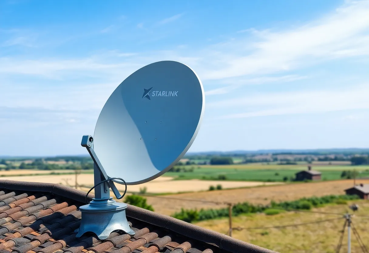 Rural family using high-speed satellite internet for video calls and remote work in a home without cable or fiber access