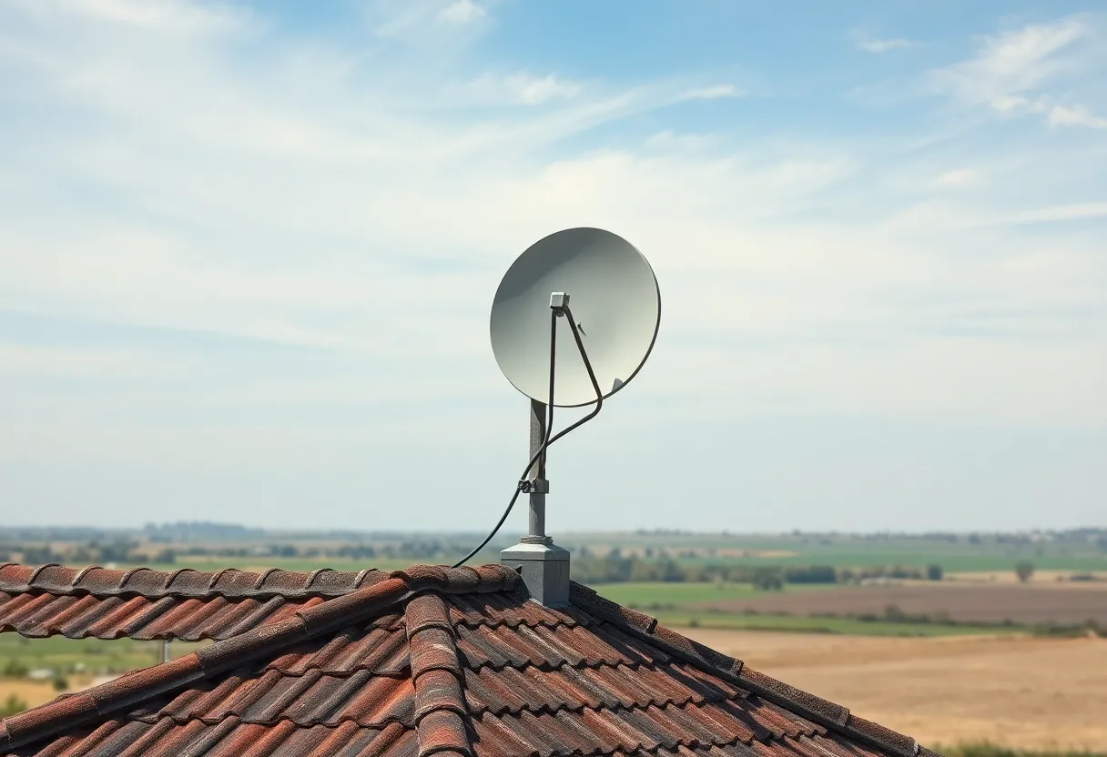 Rural family video calling on laptop with satellite internet dish visible through window showing reliable connection