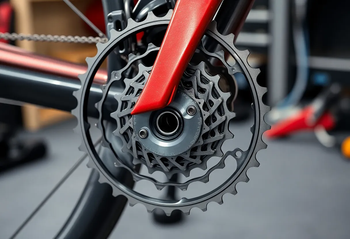 Bicycle mechanic installing and adjusting a new electronic rear derailleur on a high-end road bike in a professional workshop
