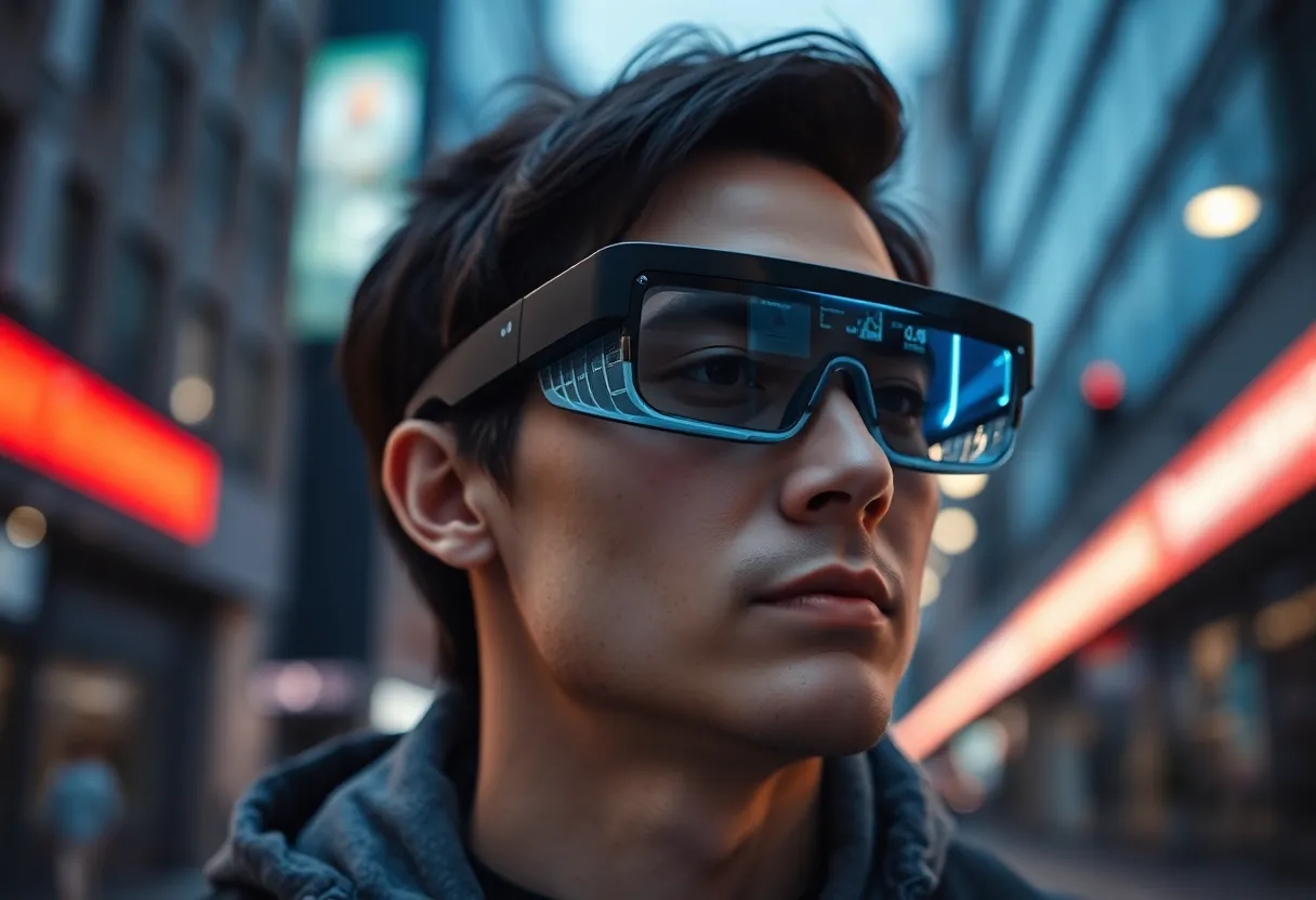 Consumer wearing stylish smart glasses that look nearly identical to regular eyewear in everyday street setting