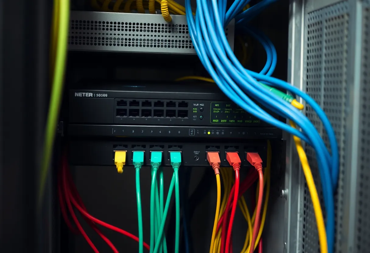 A network closet with two routers and colored VLAN ethernet cables