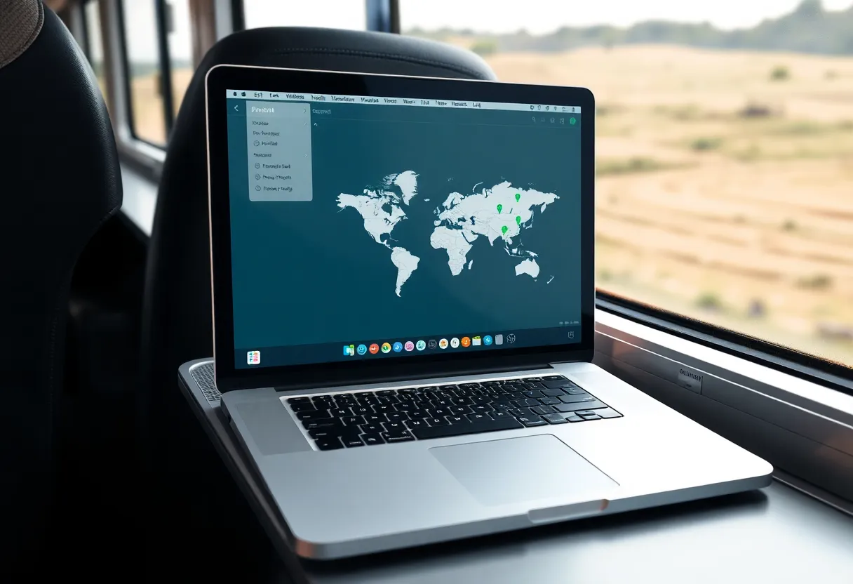 A travel laptop showing a private two-site network map