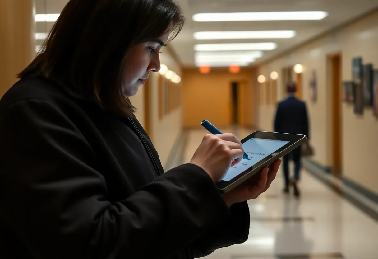Person writing on a small e-ink tablet while standing in a hallway