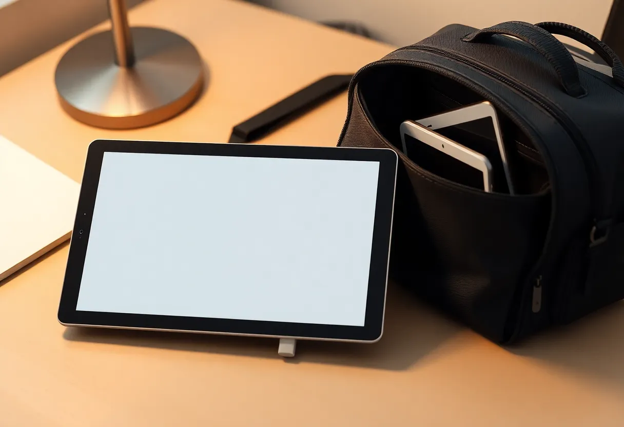 Desk-sized e-ink tablet and a smaller one being packed into a bag