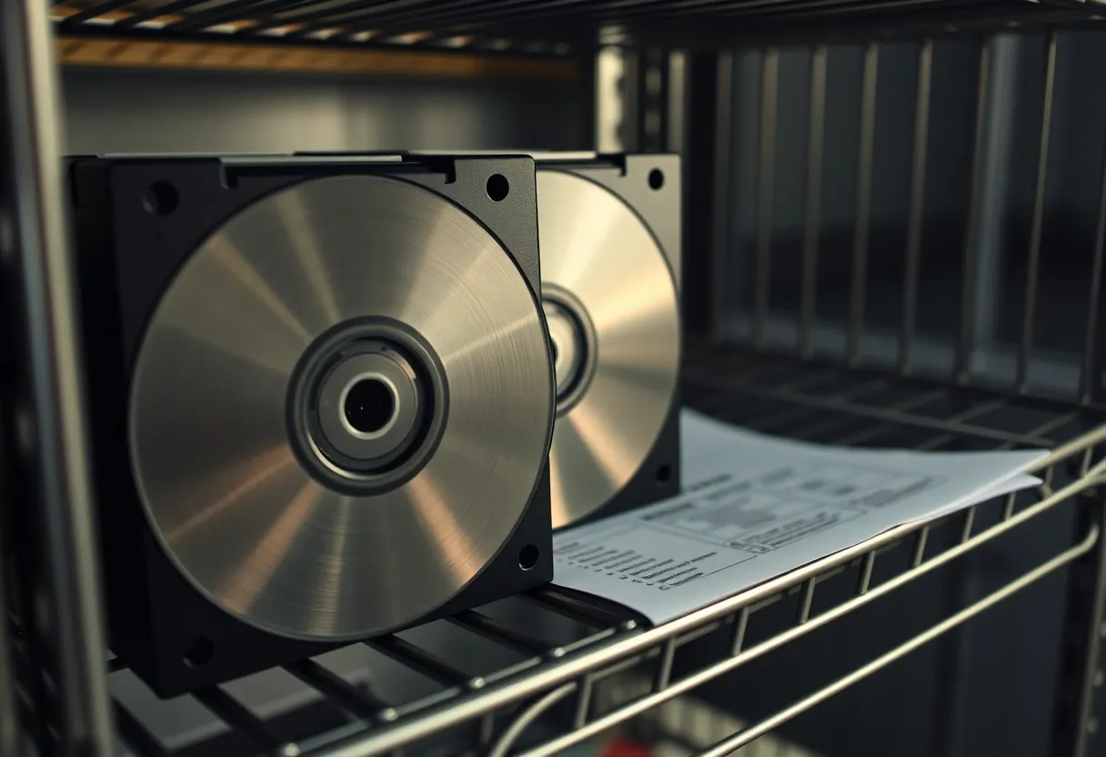 Backup disks and a printed restore checklist on a rack shelf