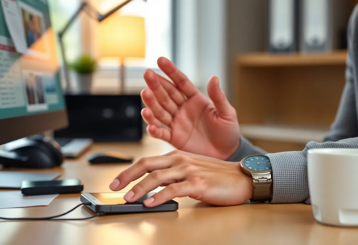 Person working at a desk while a phone buzzes ignored nearby