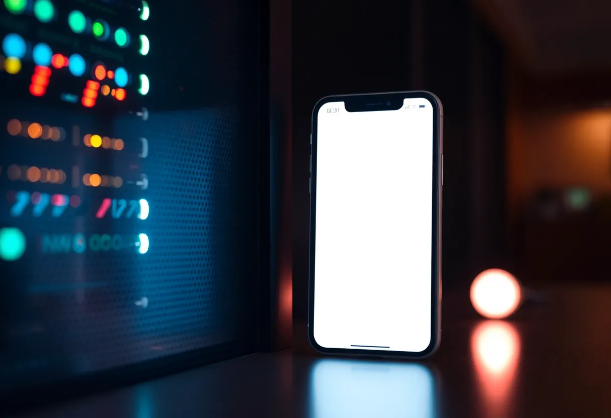 Home server status lights beside an iPhone