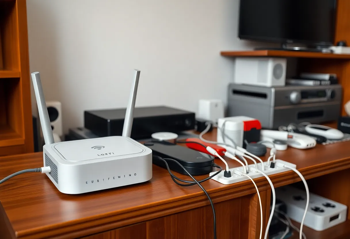 A Wi-Fi router and a clutter of smart plugs on an apartment media console