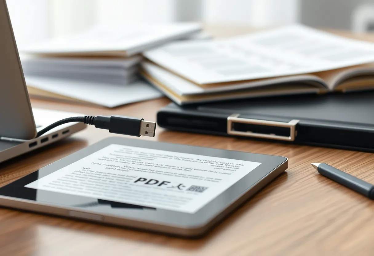 USB-C cable connecting a laptop to an e-ink tablet for PDF transfer