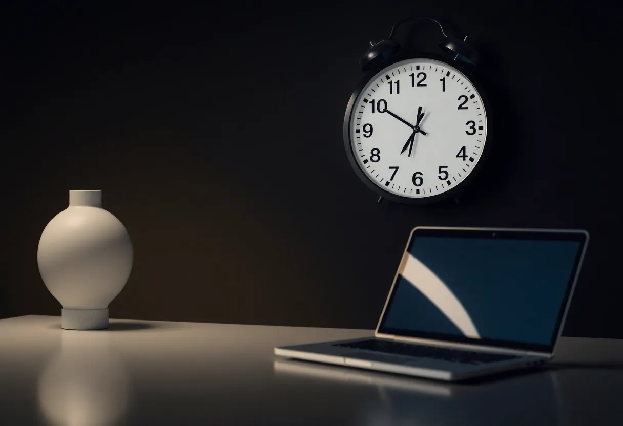 Wall clock beside a laptop late at night