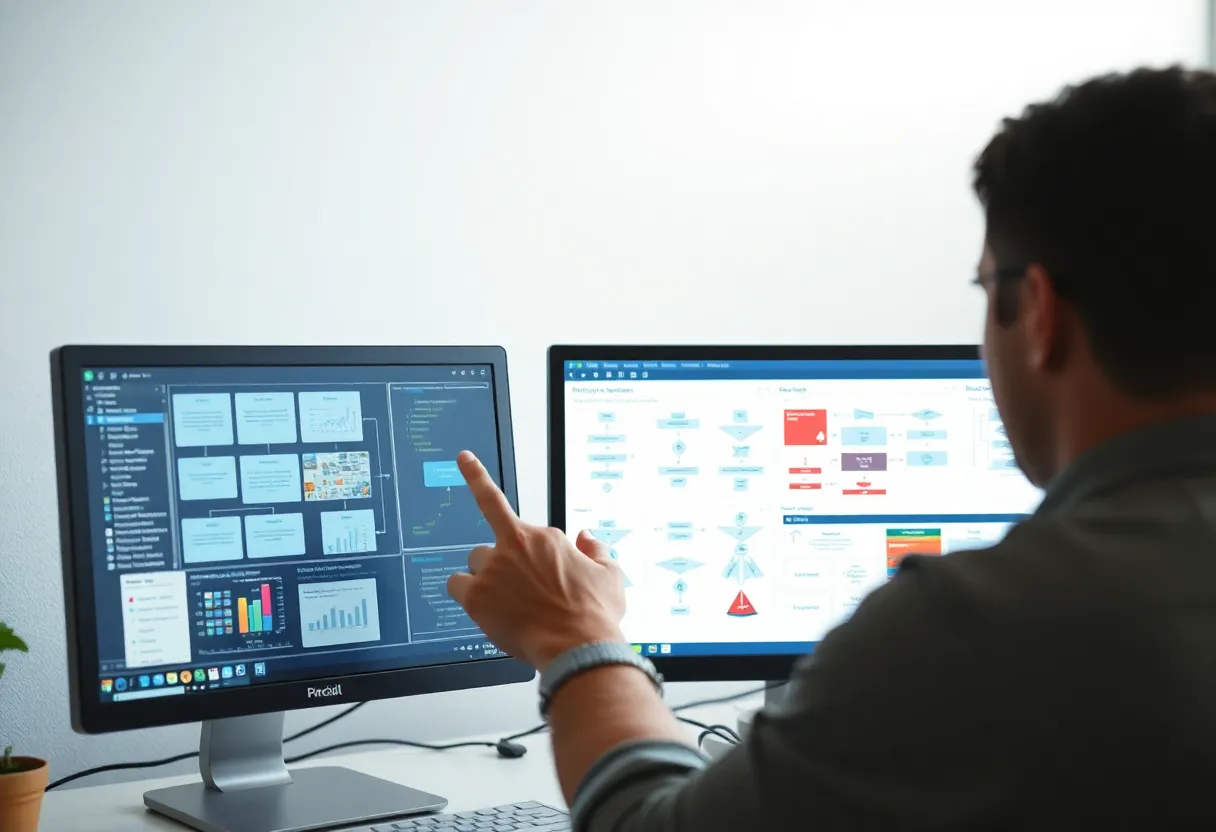 Person driving a desktop app while a flowchart sits on a second monitor