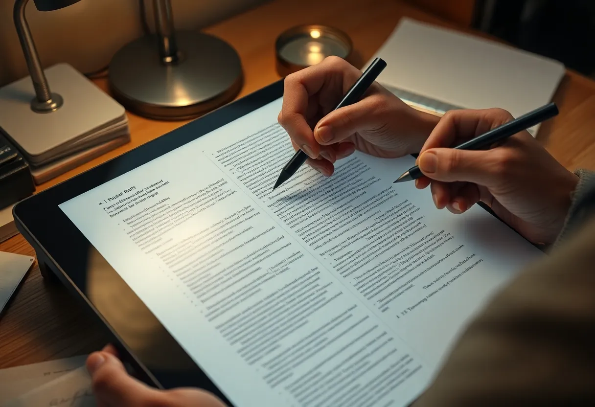 Person annotating a technical PDF on a large e-ink tablet