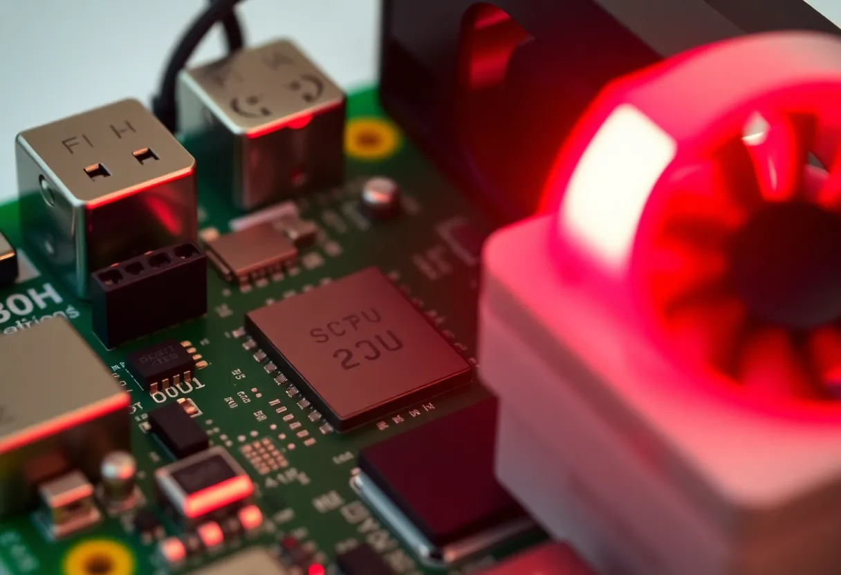 A Raspberry Pi under load with a small fan