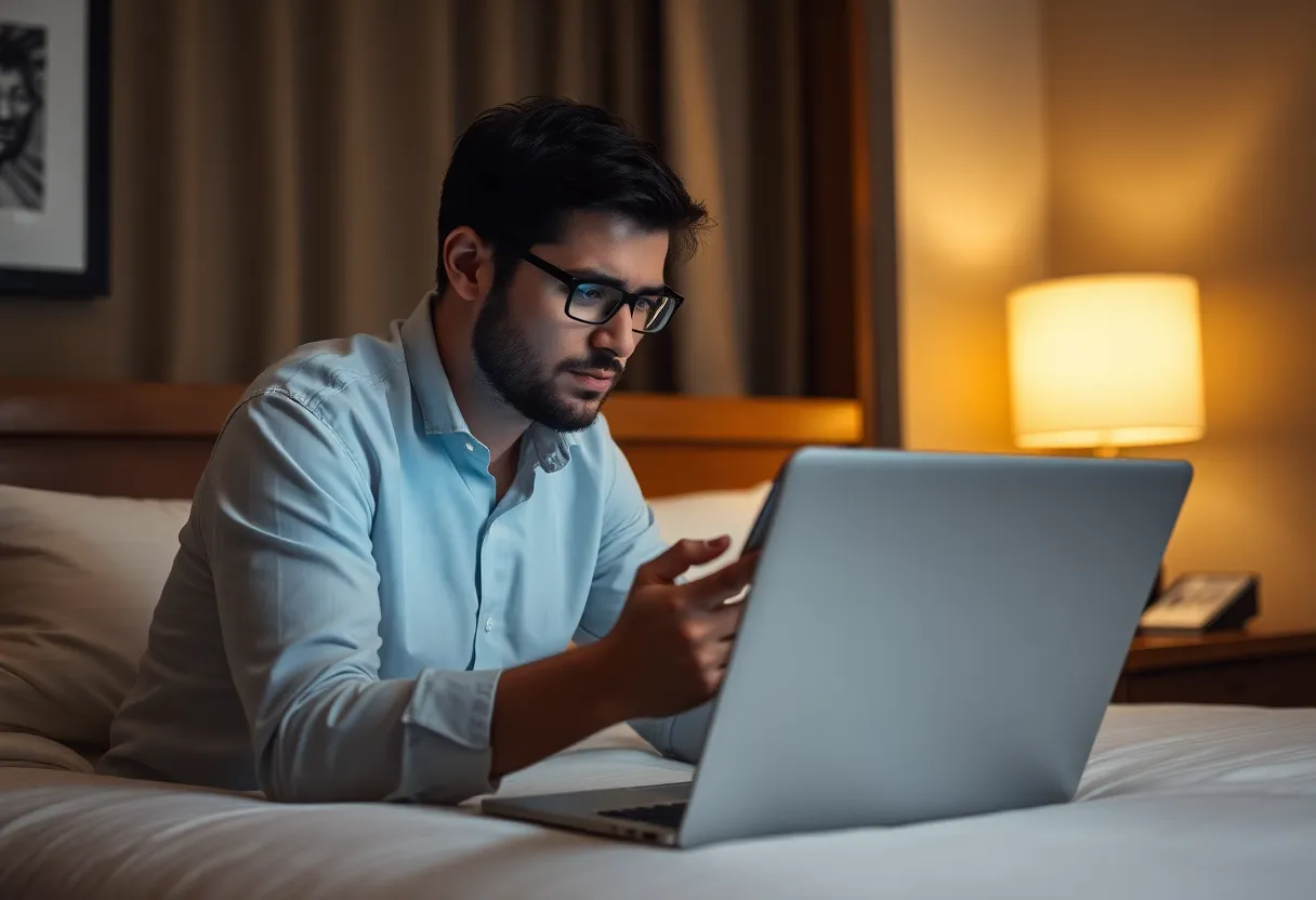 A hotel-room dead-signal night with a laptop hotspot