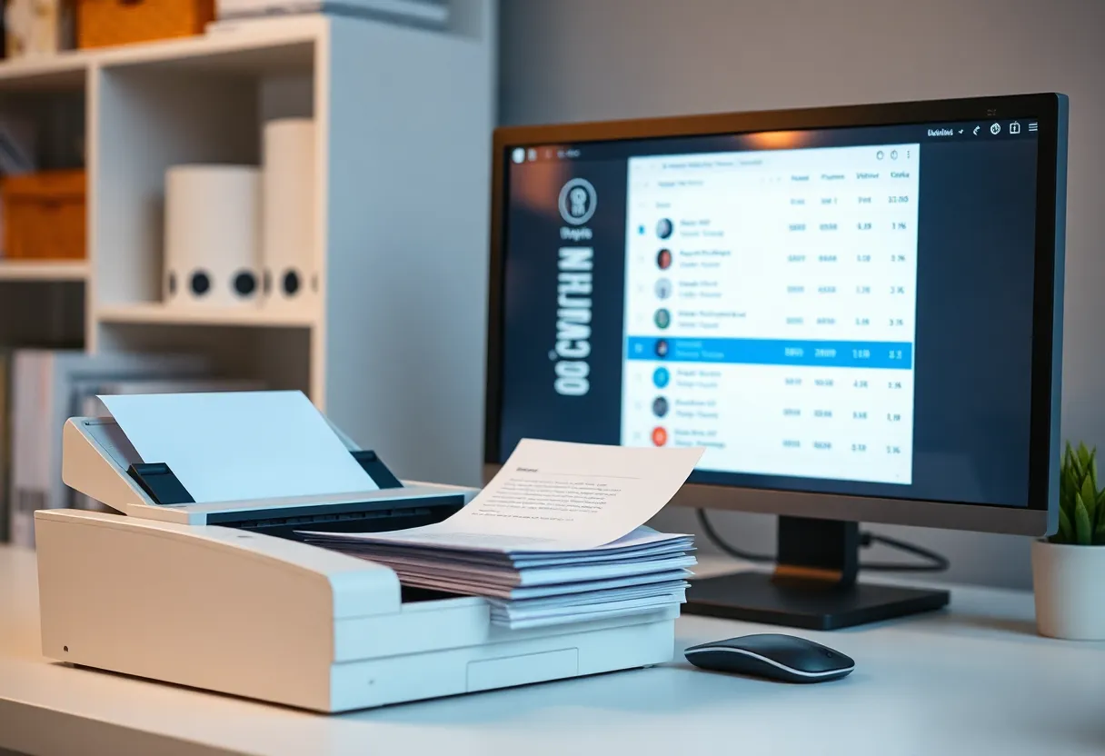 A scanner feeding paper while a consume queue runs on a monitor