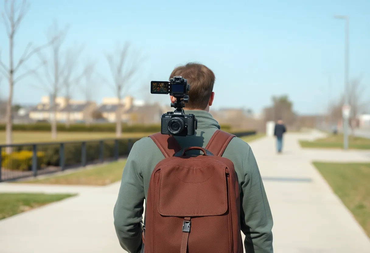 Person walking while filming with a small handheld camera