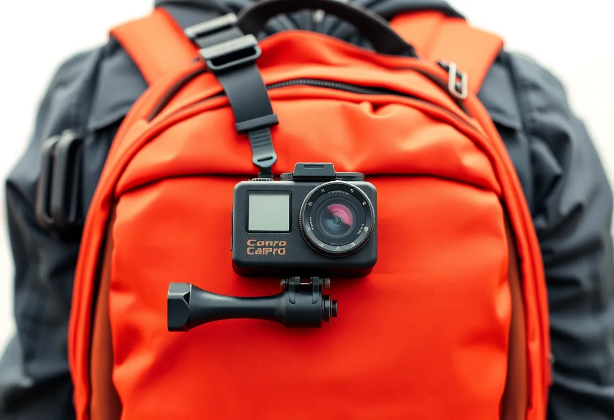 Action camera mounted on a backpack strap