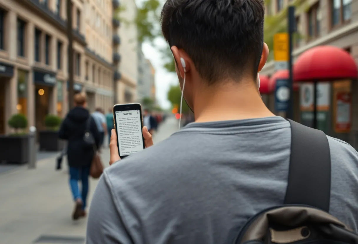 Walking with earbuds and chapter progress on a phone