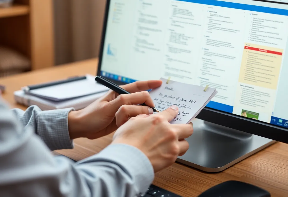 Person transferring handwritten notes into a computer folder