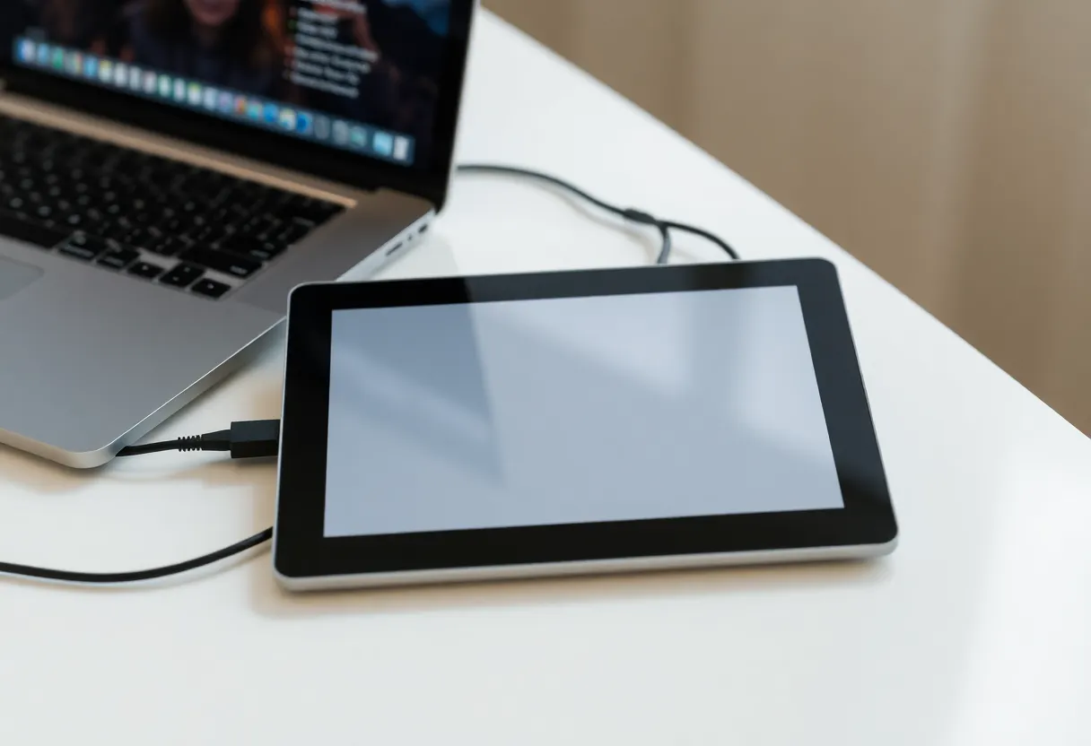 E-ink tablet connected to a laptop by cable