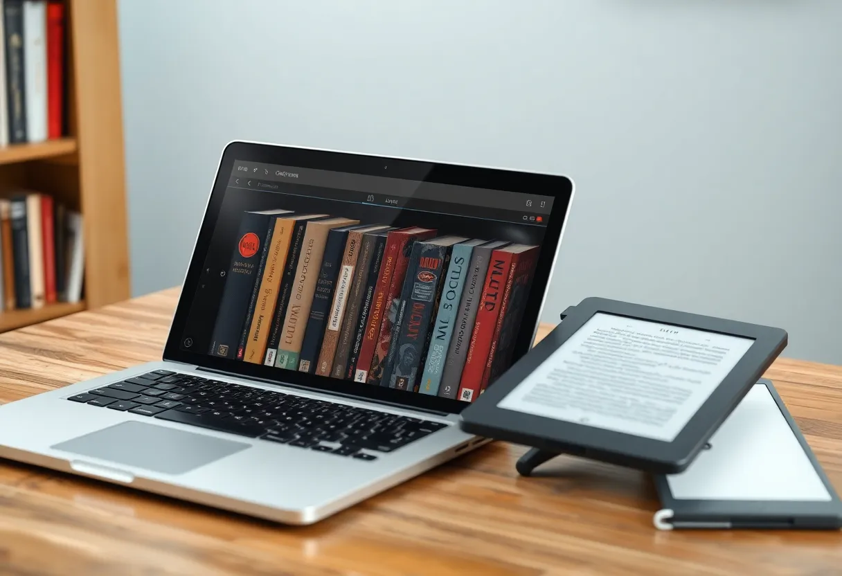 Calibre library on a laptop beside an e-reader