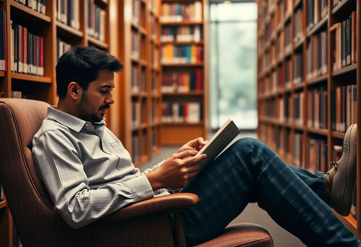 Person reading an e-reader in a library chair