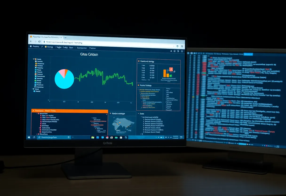 A git forge web UI beside a plain terminal