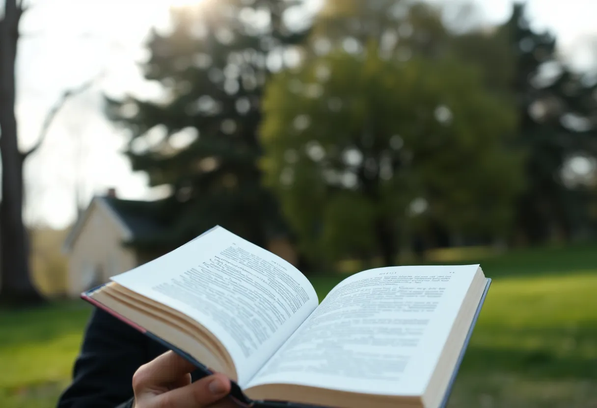 Person highlighting a page on a tablet outdoors