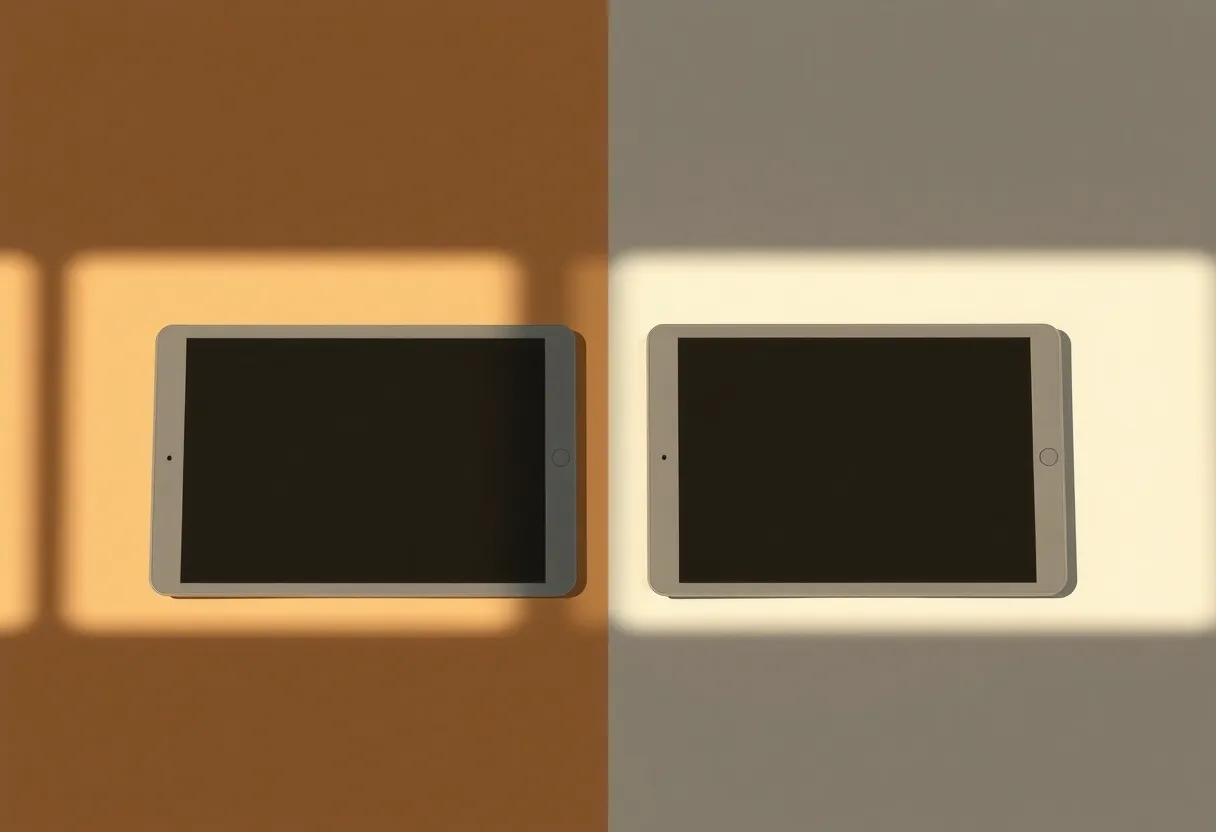 Two color tablets compared in shade and in sun
