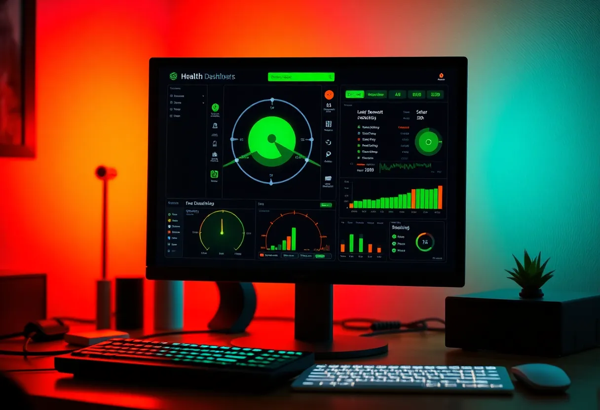A green disk dashboard while a drive LED shows amber