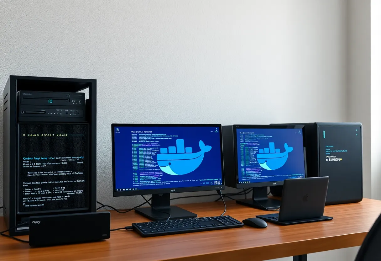 Docker containers on a homelab desk