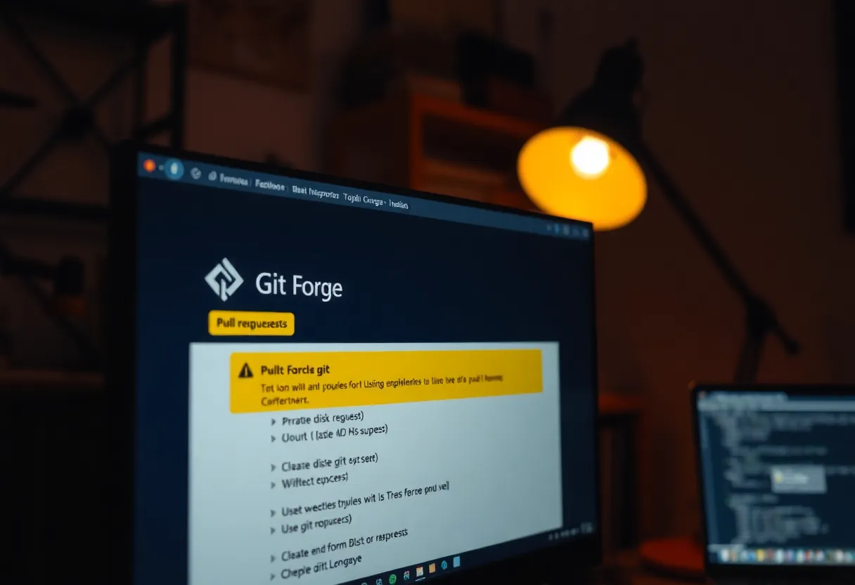 A home office monitor showing a git forge with a disk-space warning