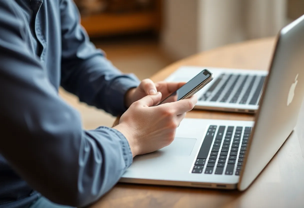 Person updating an iPhone with a laptop nearby