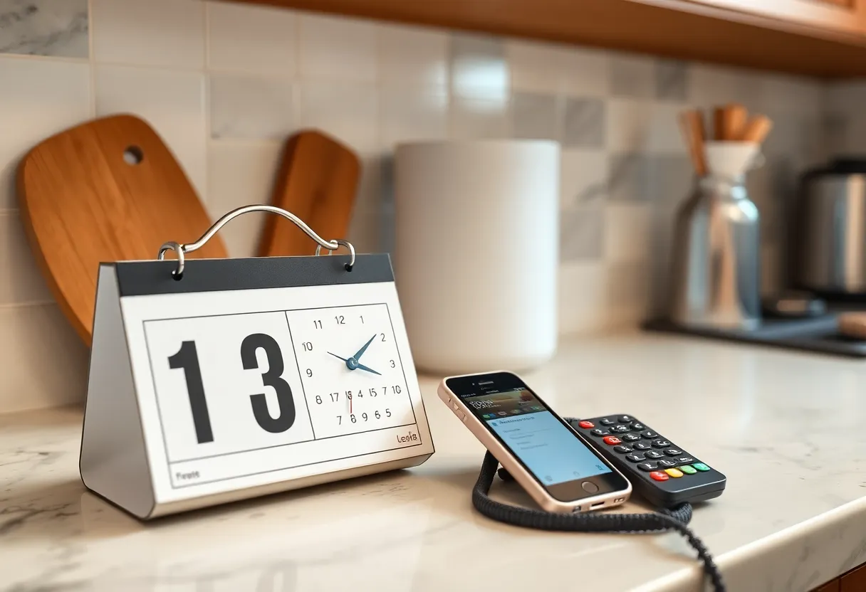 Calendar and phone on a kitchen counter