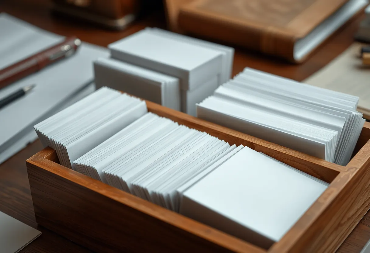 Index cards stored in a wooden box on a desk