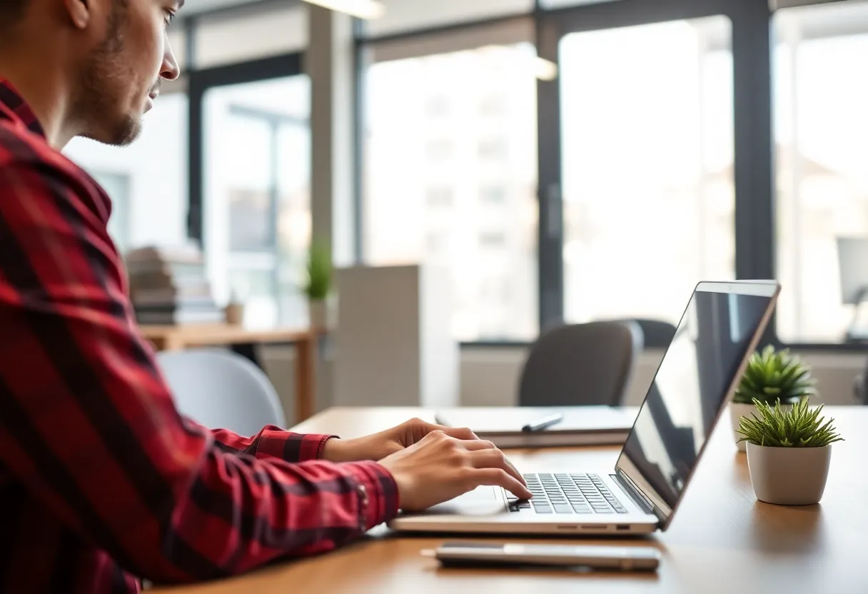 Person reviewing records on a laptop in an office