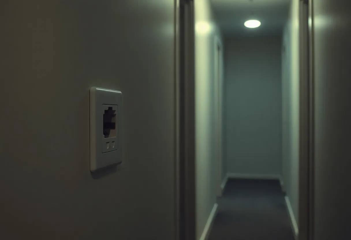 A wired access point on a hallway wall near an Ethernet jack