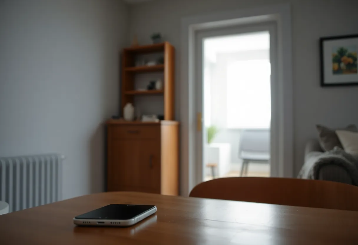 A phone on a table near a doorway where Wi-Fi roaming typically happens