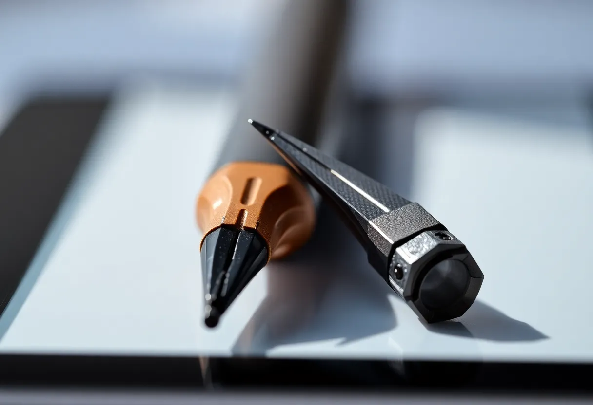 Worn stylus nib beside a fresh replacement nib on a desk