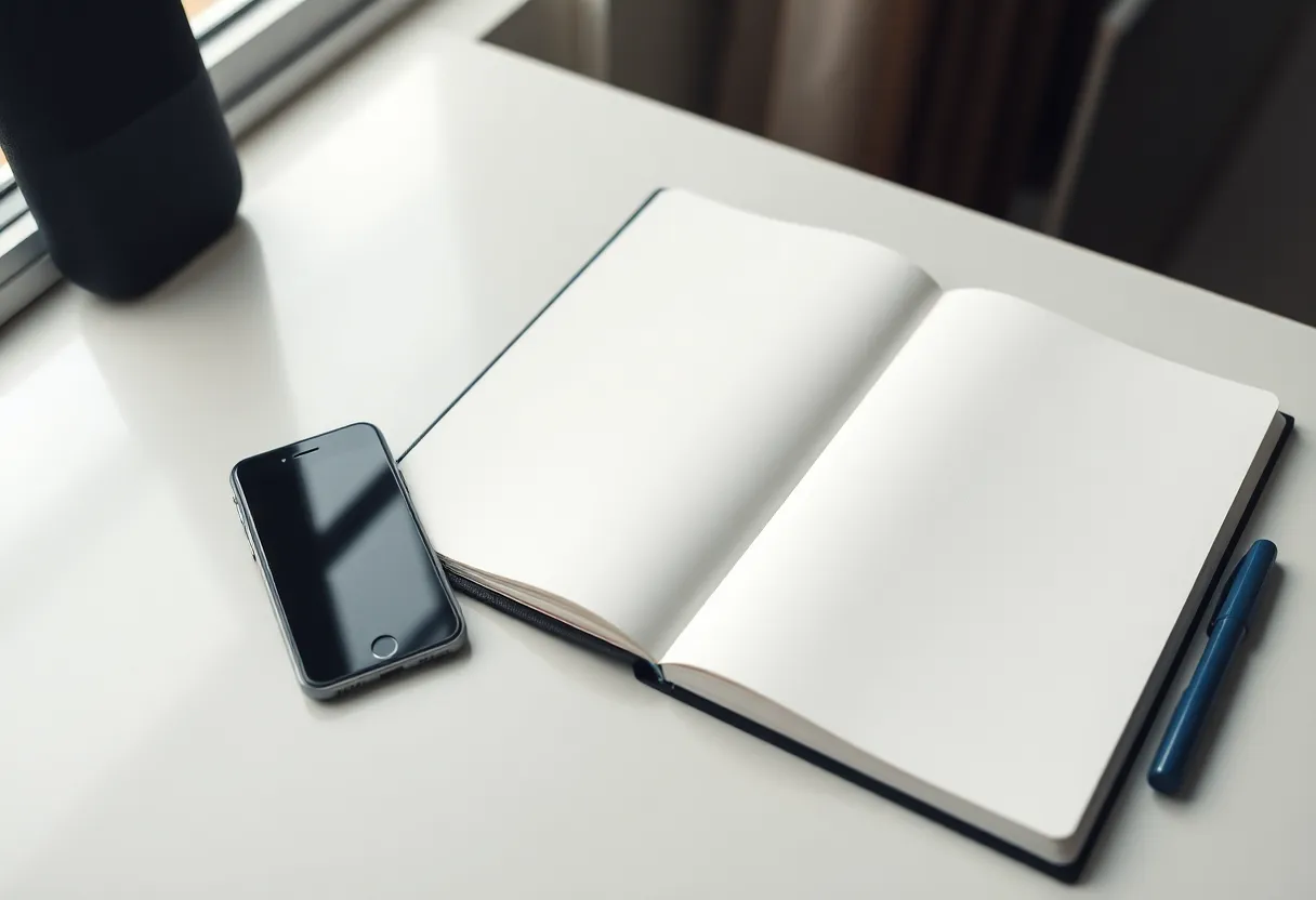 A phone and notebook on a desk where someone is comparing privacy settings