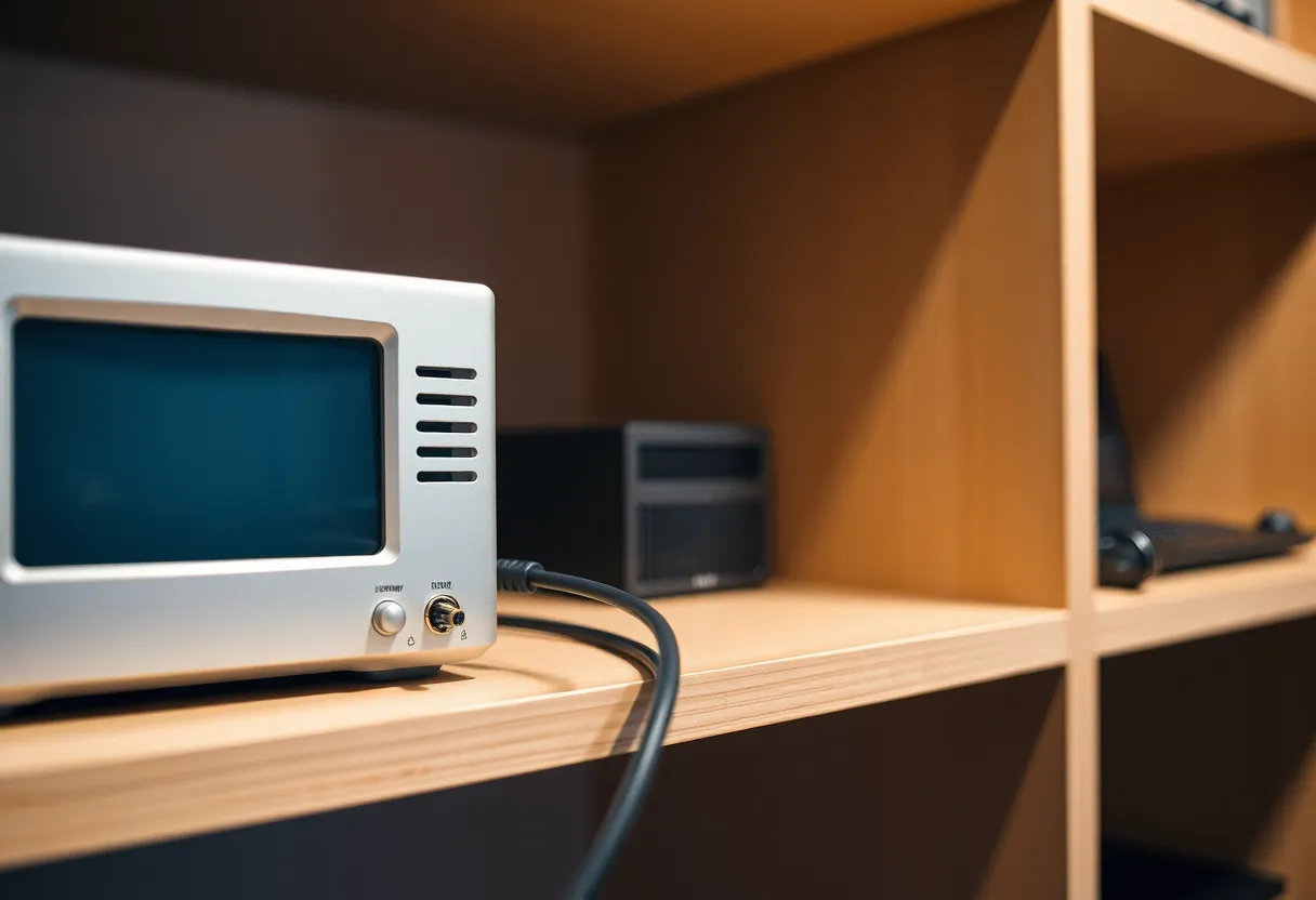 Small always-on computer on a shelf with an ethernet cable
