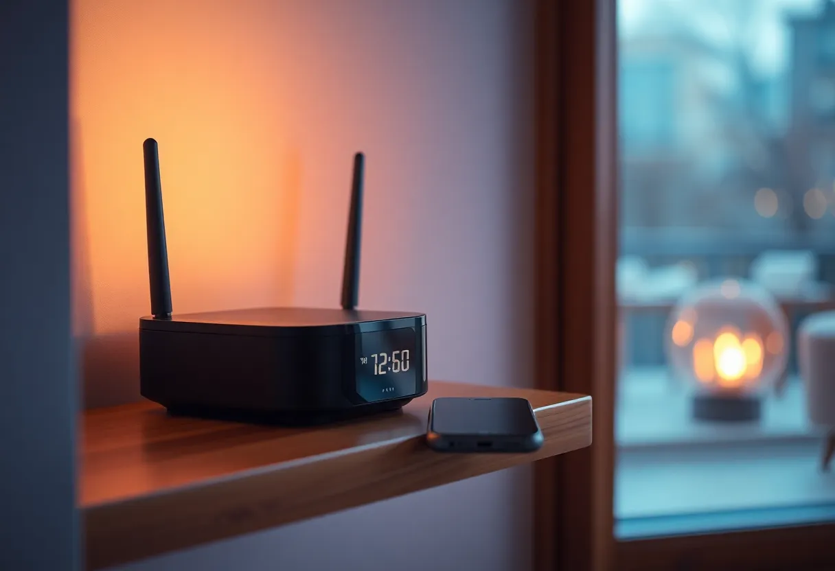 A home router on a shelf next to a charging phone